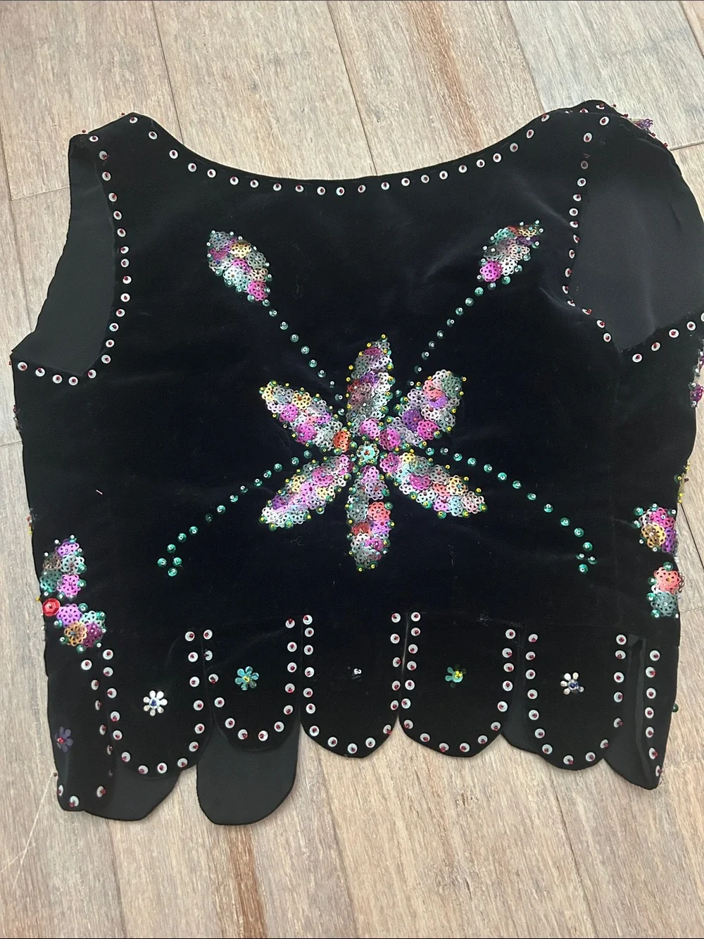 60s 70s hippie boho style Black Sequined Floral velvet  Vest